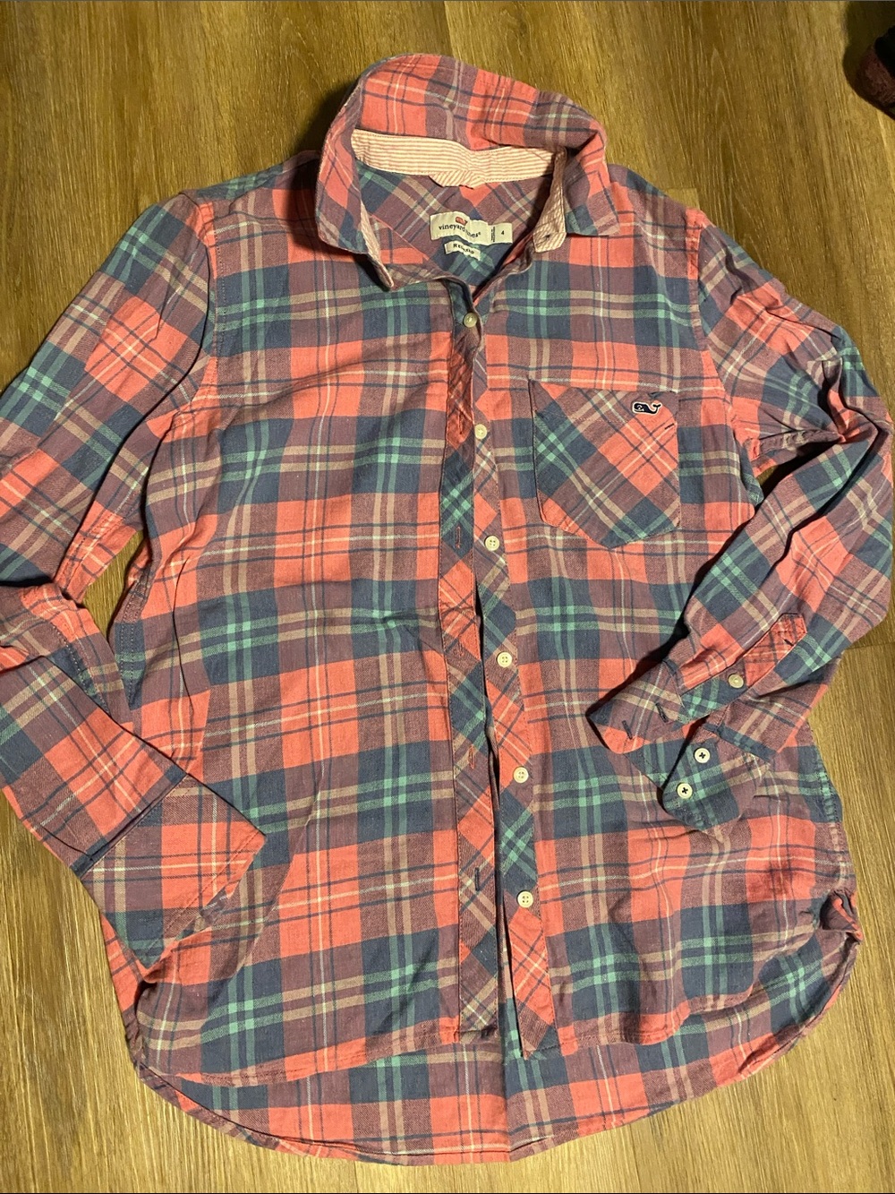 Vineyard Vines Men’s Coral Pink & Blue Plaid Button-Down Shirt